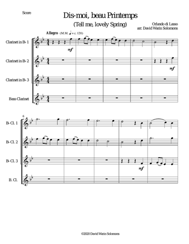Dis-moi, beau printemps (Tell me, lovely Spring) for clarinet quartet