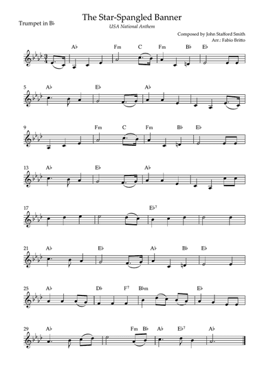 The Star Spangled Banner (USA National Anthem) for Trumpet in Bb Solo with Chords (Gb Major)