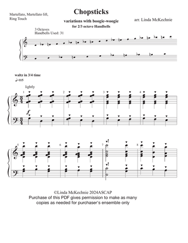 Chopsticks -handbell arrangement for Level 2 (easy) ringers- 2 or 3 octave choir arranged by Linda M