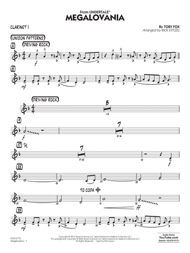 Megalovania (arr. Rick Stitzel) - Bb Clarinet 1