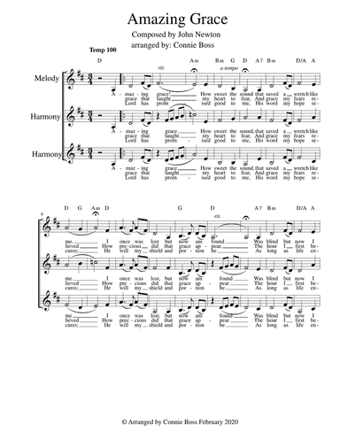 Amazing Grace - vocal trio A Cappella Key of D - lower range