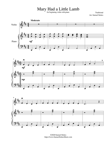 Mary Had a Little Lamb - for beginning violin with optional piano accompaniment