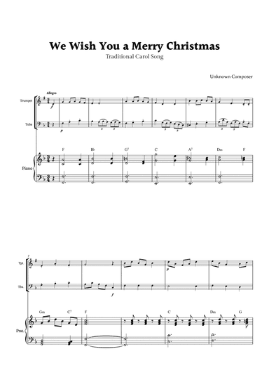 We Wish you a Merry Christmas for Trumpet and Tuba Duet with Piano