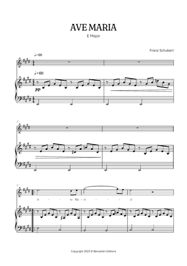 Schubert Ave Maria in E Major • soprano sheet music with easy piano accompaniment