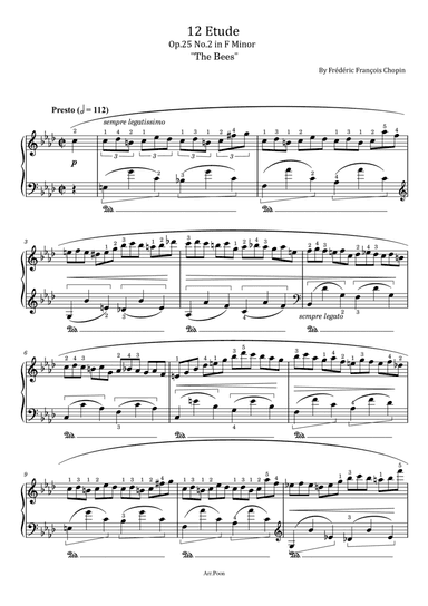 Chopin - 12 Etude - Op.25 No.2 in F Minor "The Bees" - Original With Fingered - For Piano Solo
