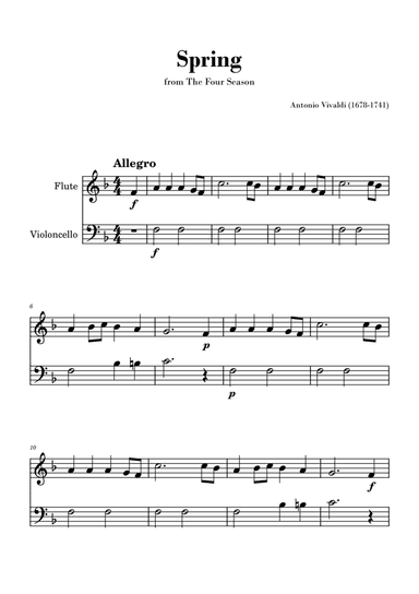 Spring from 'The Four Seasons' by Vivaldi - Easy Flute and Cello Duo