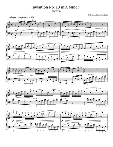 Bach - Invention No. 13 in A Minor, BWV 784 - Original With Fingered