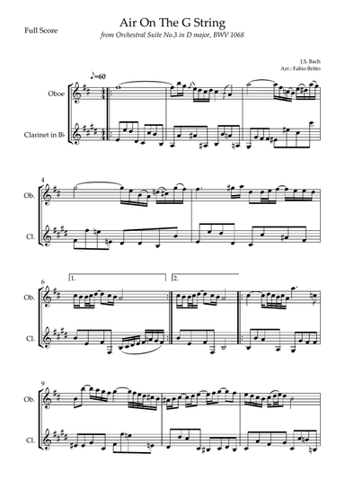 Air On The G String (J.S. Bach) for Oboe & Clarinet in Bb Duo