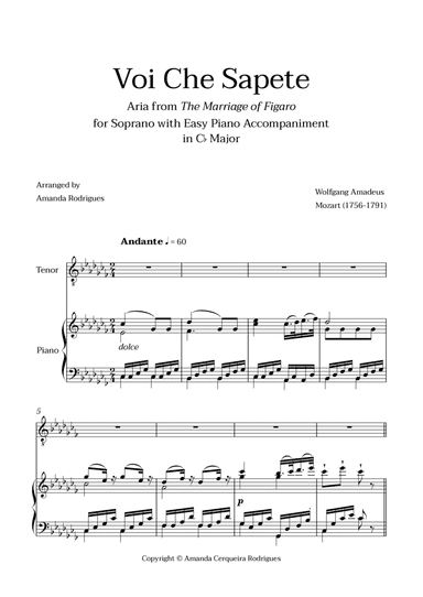 Voi Che Sapete from "The Marriage of Figaro" - Easy Tenor and Piano Aria Duet in Cb Major
