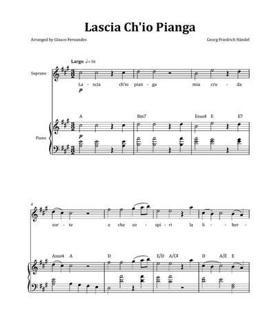 Lascia Ch'io Pianga by Händel - Soprano & Piano in A Major with Chord Notation