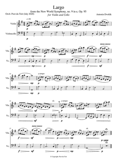 Largo from the New World Symphony no. 9 in e, Op.95 - A Dvořák (Violin & Cello)
