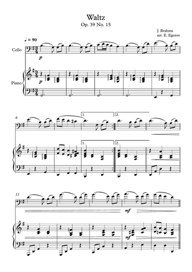 Waltz (Op. 39 No. 15), Johannes Brahms, For Cello & Piano