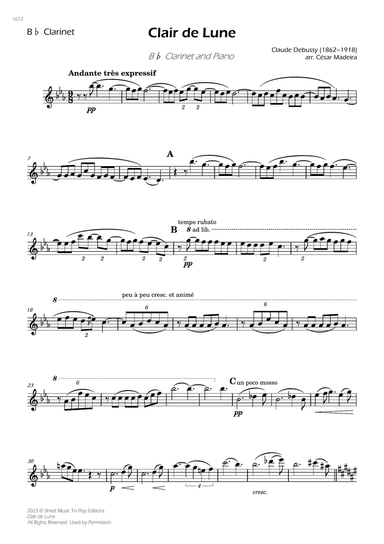 Clair de Lune by Debussy - Bb Clarinet and Piano (Individual Parts)