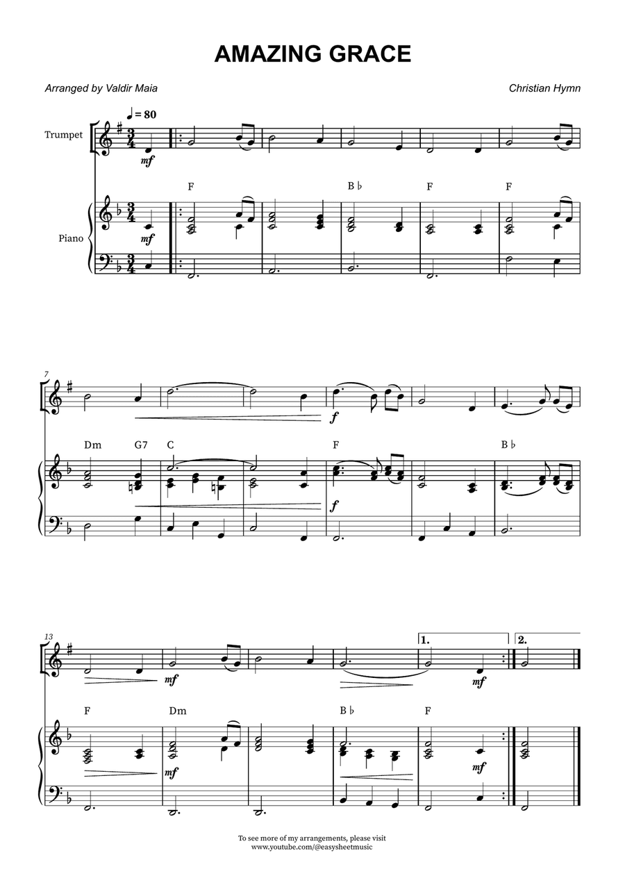 Amazing Grace - Trumpet Solo with Piano Accompaniment and Chord Symbols