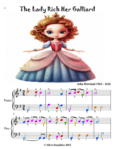 Lady Rich Her Galliard Easy Piano Sheet Music with Colored Notes