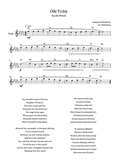 Beethoven - Ode to Joy for violin in Db with chords.