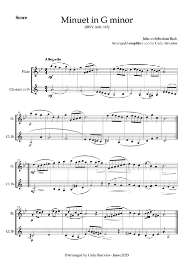 Minuet in G minor BWV anh 115 (Bach) Flute and Clarinet