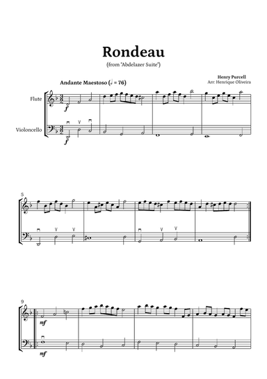 Rondeau from "Abdelazer Suite" by Henry Purcell - For Flute and Cello (D minor)