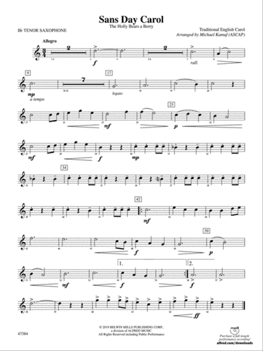 Sans Day Carol: B-flat Tenor Saxophone