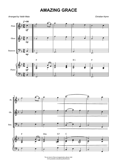 Amazing Grace - Flute, Oboe, and Bassoon Trio with Piano Accompaniment and Chord Symbols