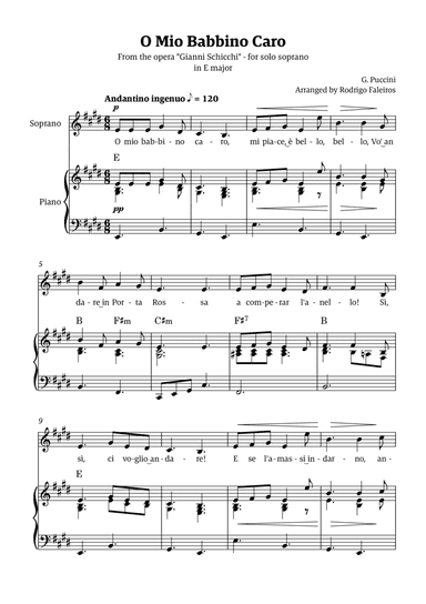 O Mio Babbino Caro - for soprano (in E major)