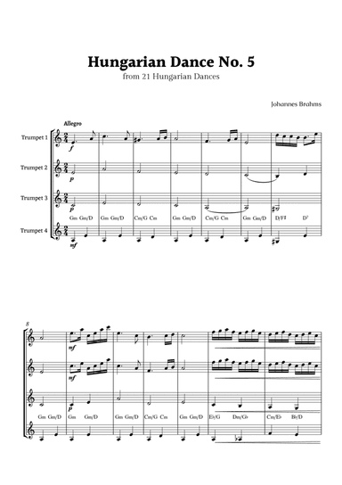 Hungarian Dance No. 5 by Brahms for Trumpet Quartet