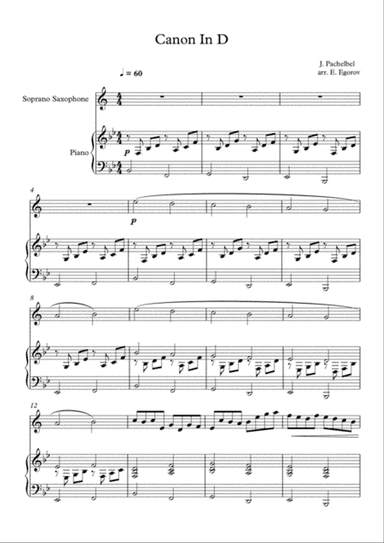 Canon In D, Johann Pachelbel, For Soprano Saxophone & Piano
