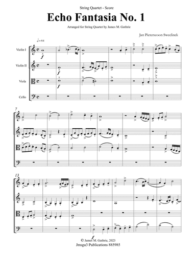 Sweelinck: Six Echo Fantasias Complete for String Quartet - Score Only