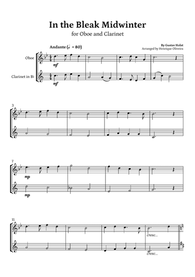 In the Bleak Midwinter (Oboe and Clarinet) - Beginner Level