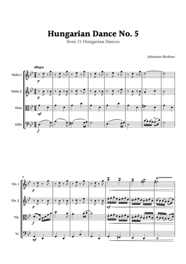 Hungarian Dance No. 5 by Brahms for String Quartet