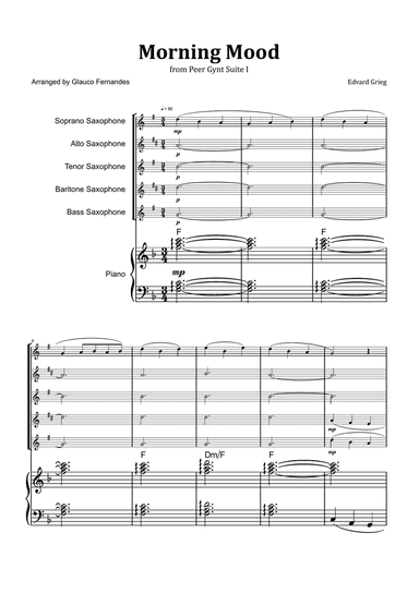 Morning Mood by Grieg - Saxophone Quintet & Piano with Chord Notation
