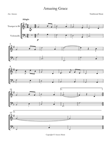 John Newton Amazing Grace Easy Trumpet and Cello Sheet Music F major