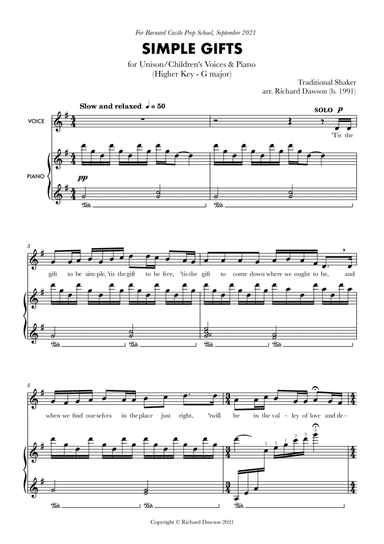 Simple Gifts - Higher Key (G major)