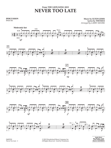 Never Too Late (from The Lion King 2019) (arr. Larry Moore) - Percussion