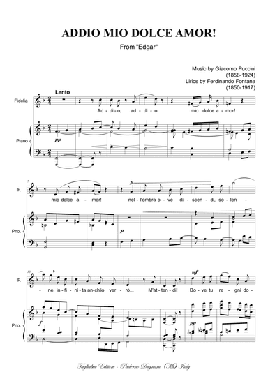 ADDIO MIO DOLCE AMOR (From "Edga"). G. Puccini - For Soprano and Piano (without unison Chorus)