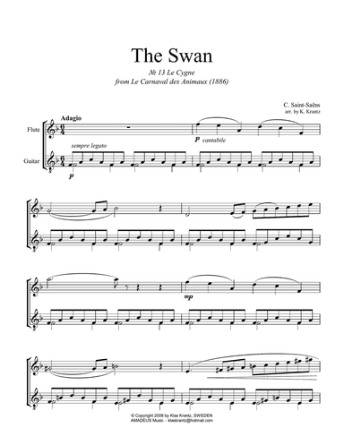 The Swan / Le cygne for very easy flute (violin) and guitar