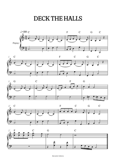 Deck the Halls for piano • intermediate Christmas song sheet music with chords