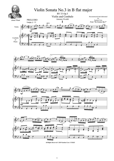 Vivaldi - Violin Sonata No. 3 in B flat major RV 33 Op.5 for Violin and Cembalo (or Piano)