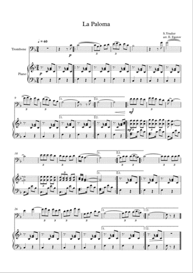 La Paloma, Sebastian Yradier, For Trombone & Piano