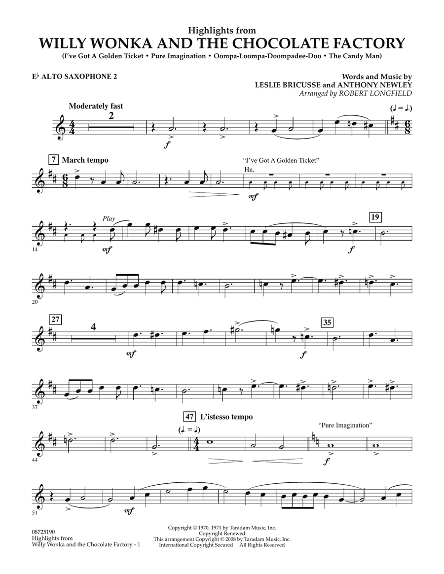 Highlights from Willy Wonka And The Chocolate Factory - Eb Alto Saxophone 2