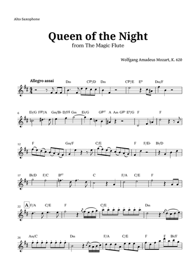 Queen of the Night by Mozart for Alto Sax with Chords