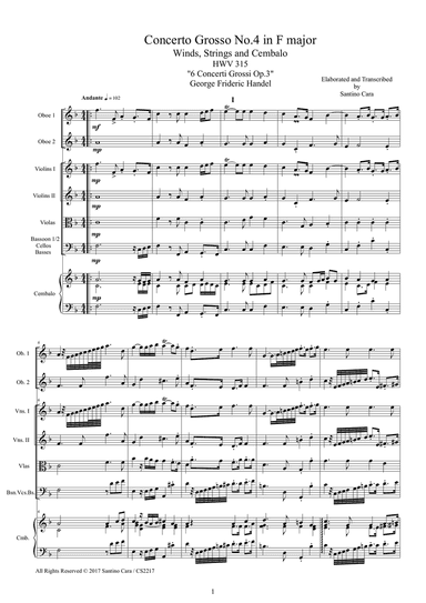 Handel - Concerto Grosso No.4 in F major Op.3 HWV 315 for Winds, Strings and cembalo - Score and Par