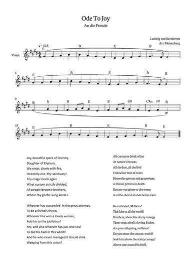 Beethoven - Ode To Joy for voice with chords in E (Lyrics in English)
