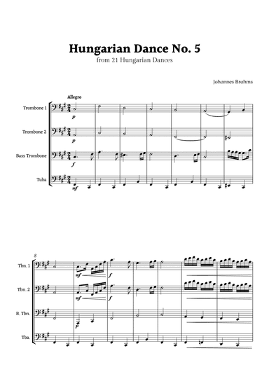 Hungarian Dance No. 5 by Brahms for Low Brass Ensemble Quartet