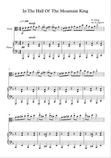 In The Hall Of The Mountain King, Edvard Grieg, For Viola & Piano