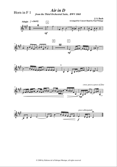 Johann Sebastian Bach/Wehage, Air in D from the Third orchestral suite, BWV 1068 arranged for concer