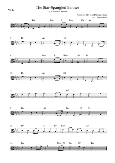 The Star Spangled Banner (USA National Anthem) for Viola Solo with Chords (Db Major)