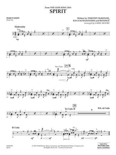 Spirit (from The Lion King 2019) (arr. Larry Moore) - Percussion