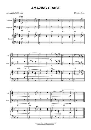 Amazing Grace - Clarinet and Bassoon Duet with Piano Accompaniment and Chord Symbols