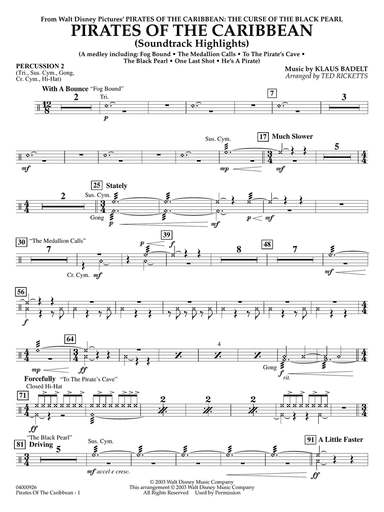 Pirates of the Caribbean (Soundtrack Highlights) (arr. Ted Ricketts) - Percussion 2